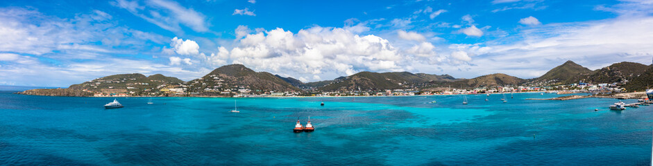 Fototapeta na wymiar Panoramic view of Philipsburg, Sint Maarten, also known as Saint Martin. Caribbean