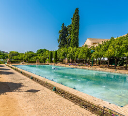 Fountains, pools and foliage in Cordoba, Spain in the summertime