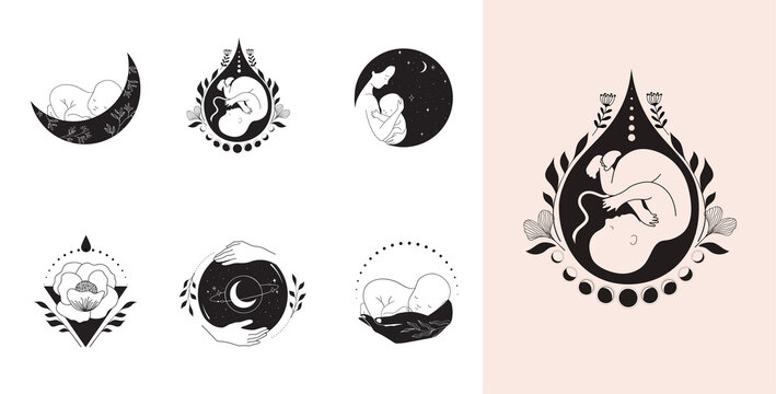 Motherhood, maternity, babies and pregnant women logos, collection of fine, hand drawn style vector illustrations and icons 