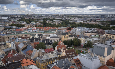 Fototapeta premium Bird's eye view of the city from St. Peter's church lookout at 72 meters above ground, Riga, Latvia.