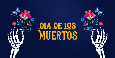 Dia de los muertos, Day of the dead, Mexican holiday, festival. Vector poster, banner and card with skeleton hands holding flowers, cocktail drink