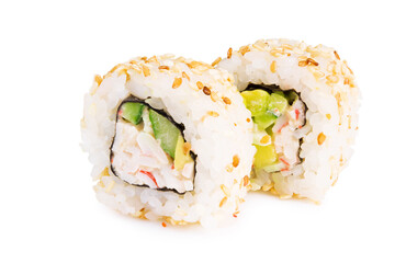 Sushi roll (California) with crab meat, avocado, cucumber isolated on white background. Japanese food