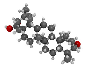 Ursolic acid molecule. Triterpenoid present in fruit peels. 3D rendering. Atoms are represented as spheres with conventional color coding: hydrogen (white), carbon (grey), oxygen (red).