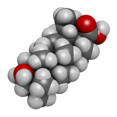 Ursolic acid molecule. Triterpenoid present in fruit peels. 3D rendering. Atoms are represented as spheres with conventional color coding: hydrogen (white), carbon (grey), oxygen (red).