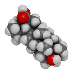 Ursolic acid molecule. Triterpenoid present in fruit peels. 3D rendering. Atoms are represented as spheres with conventional color coding: hydrogen (white), carbon (grey), oxygen (red).