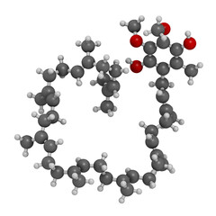 Ubiquinol molecule. Reduced form of coenzyme Q10. 3D rendering. Atoms are represented as spheres with conventional color coding: hydrogen (white), carbon (grey), oxygen (red).