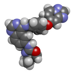 Tucatinib cancer drug molecule. 3D rendering. Atoms are represented as spheres with conventional color coding: hydrogen (white), carbon (grey), nitrogen (blue), oxygen (red).
