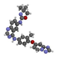 Tucatinib cancer drug molecule. 3D rendering. Atoms are represented as spheres with conventional color coding: hydrogen (white), carbon (grey), nitrogen (blue), oxygen (red).