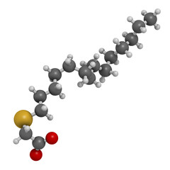 Tetradecylthioacetic acid molecule. 3D rendering. Atoms are represented as spheres with conventional color coding: hydrogen (white), carbon (grey), oxygen (red), sulfur (yellow).