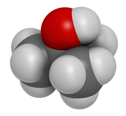 tert-butyl alcohol (tert-butanol) solvent molecule. 3D rendering. Atoms are represented as spheres with conventional color coding: hydrogen (white), carbon (grey), oxygen (red).