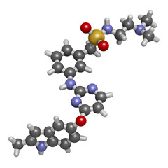 Surufatinib cancer drug molecule. 3D rendering. Atoms are represented as spheres with conventional color coding: hydrogen (white), carbon (grey), nitrogen (blue), oxygen (red), sulfur (yellow).