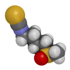 Sulforaphane cruciferous vegetable molecule. 3D rendering. Atoms are represented as spheres with conventional color coding.