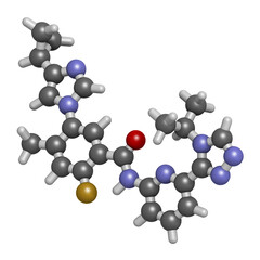 Selonsertib drug molecule. 3D rendering. Atoms are represented as spheres with conventional color coding: hydrogen (white), carbon (grey), nitrogen (blue), oxygen (red), fluorine (gold).