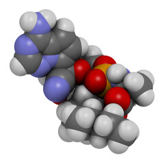 Remdesivir antiviral drug molecule.  3D rendering. Atoms are represented as spheres with conventional color coding: hydrogen (white), carbon (grey), nitrogen (blue), oxygen (red), phosphorus (orange).