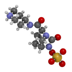 Relebactam drug molecule. Beta-lactamase inhibitor that is adminstered with beta-lactam antibiotics. 3D rendering. Atoms are represented as spheres with conventional color coding