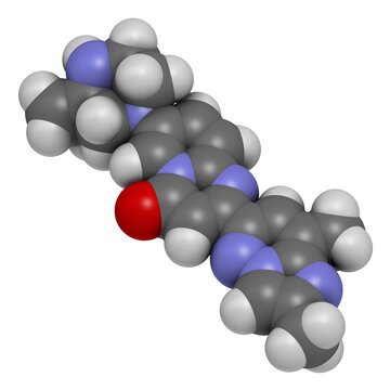 Risdiplam Spinal muscular Atrophy drug molecule. 3D rendering. Atoms are represented as spheres with conventional color coding: hydrogen (white), carbon (grey), nitrogen (blue), oxygen (red).