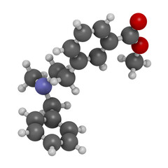 PRL-8-53 nootropic research chemical molecule. 3D rendering. Atoms are represented as spheres with conventional color coding: hydrogen (white), carbon (grey), oxygen (red), nitrogen (blue).