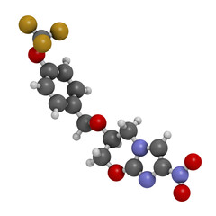 Pretomanid tuberculosis drug molecule. 3D rendering. Atoms are represented as spheres with conventional color coding: hydrogen (white), carbon (grey), nitrogen (blue), oxygen (red), fluorine (gold).
