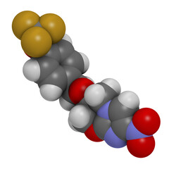 Pretomanid tuberculosis drug molecule. 3D rendering. Atoms are represented as spheres with conventional color coding: hydrogen (white), carbon (grey), nitrogen (blue), oxygen (red), fluorine (gold).
