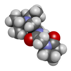 Pramiracetam drug molecule. 3D rendering. Atoms are represented as spheres with conventional color coding: hydrogen (white), carbon (grey), oxygen (red), nitrogen (blue).