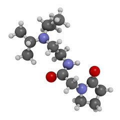 Pramiracetam drug molecule. 3D rendering. Atoms are represented as spheres with conventional color coding: hydrogen (white), carbon (grey), oxygen (red), nitrogen (blue).