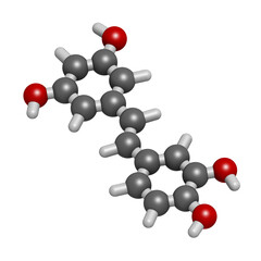 Piceatannol herbal stilbenoid molecule. 3D rendering. Atoms are represented as spheres with conventional color coding: hydrogen (white), carbon (grey), oxygen (red).