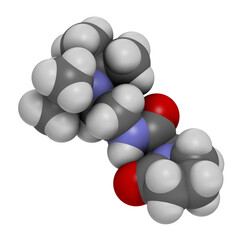 Pramiracetam drug molecule. 3D rendering. Atoms are represented as spheres with conventional color coding: hydrogen (white), carbon (grey), oxygen (red), nitrogen (blue).