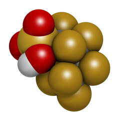 Perfluorobutanesulfonic acid fluorosurfactant molecule. 3D rendering. 