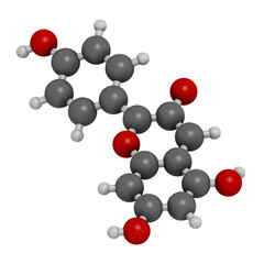Pelargonidin pigment molecule. 3D rendering. Atoms are represented as spheres with conventional color coding: hydrogen (white), carbon (grey), oxygen (red).