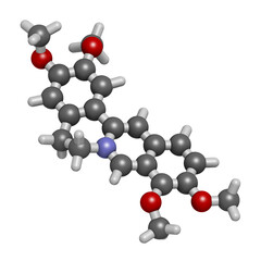 Palmatine herbal alkaloid molecule. 3D rendering. Atoms are represented as spheres with conventional color coding: hydrogen (white), carbon (grey), oxygen (red), nitrogen (blue).