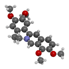 Palmatine herbal alkaloid molecule. 3D rendering. Atoms are represented as spheres with conventional color coding: hydrogen (white), carbon (grey), oxygen (red), nitrogen (blue).