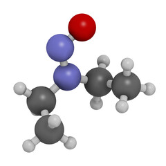 N-Nitroso-diethylamine or NDEA carcinogenic molecule. 3D rendering. Atoms are represented as spheres with conventional color coding: hydrogen (white), carbon (grey), oxygen (red), nitrogen (blue).