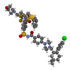 Navitoclax drug molecule. 3D rendering. Atoms are represented as spheres with conventional color coding.