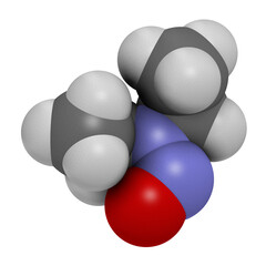  N-Nitroso-diethylamine or NDEA carcinogenic molecule. 3D rendering. Atoms are represented as spheres with conventional color coding: hydrogen (white), carbon (grey), oxygen (red), nitrogen (blue).