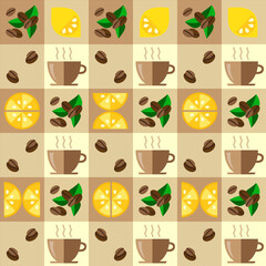 Seamless pattern of coffee cups, leaves, coffee beans, lemons and its slices on a checkered background .Vector graphic.
