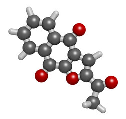 Napabucasin cancer drug molecule. 3D rendering. Atoms are represented as spheres with conventional color coding: hydrogen (white), carbon (grey), oxygen (red).