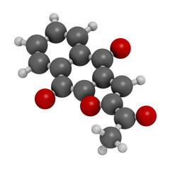 Napabucasin cancer drug molecule. 3D rendering. Atoms are represented as spheres with conventional color coding: hydrogen (white), carbon (grey), oxygen (red).