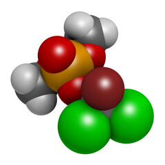 Naled insecticide molecule (organophosphate class). 3D rendering. Atoms are represented as spheres with conventional color coding.