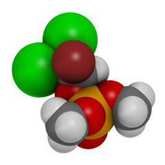 Naled insecticide molecule (organophosphate class). 3D rendering. Atoms are represented as spheres with conventional color coding.