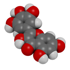 Myricetin flavonoid molecule. 3D rendering. Atoms are represented as spheres with conventional color coding: hydrogen (white), carbon (grey), oxygen (red).