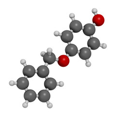 Monobenzone drug molecule. 3D rendering. Atoms are represented as spheres with conventional color coding: hydrogen (white), carbon (grey), oxygen (red).