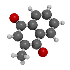 Vitamin K3 or menadione molecule. 3D rendering. Atoms are represented as spheres with conventional color coding: hydrogen (white), carbon (grey), oxygen (red).