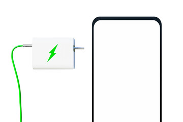 mockup image of phone and green fast charger with usb cable. Fast charging concept. Blank phone screen and quick charger. isolated on white. 3d render.