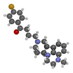 Lumateperone antipsychotic drug molecule. 3D rendering. Atoms are represented as spheres with conventional color coding.