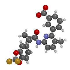 Lumacaftor cystic fibrosis drug molecule. 3D rendering. Atoms are represented as spheres with conventional color coding.