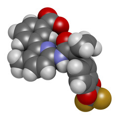 Lumacaftor cystic fibrosis drug molecule. 3D rendering. Atoms are represented as spheres with conventional color coding.