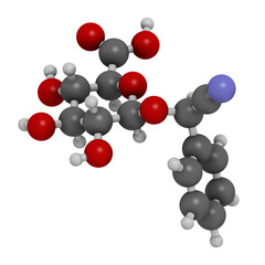 Laetrile molecule. Derivative of amygdalin. Used in quack cancer treatment. 3D rendering. 