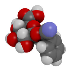 Laetrile molecule. Derivative of amygdalin. Used in quack cancer treatment. 3D rendering. 