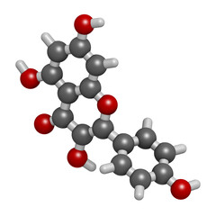 Kaempferol antioxidant molecule. 3D rendering. Atoms are represented as spheres with conventional color coding: hydrogen (white), carbon (grey), oxygen (red).