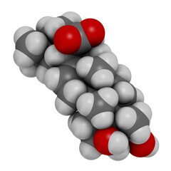 Hederagenin common ivy molecule. 3D rendering. Atoms are represented as spheres with conventional color coding: hydrogen (white), carbon (grey), oxygen (red).